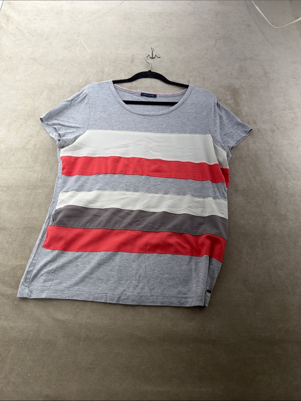 Tommy Hilfiger Gray Tee with Coral and White Stripes